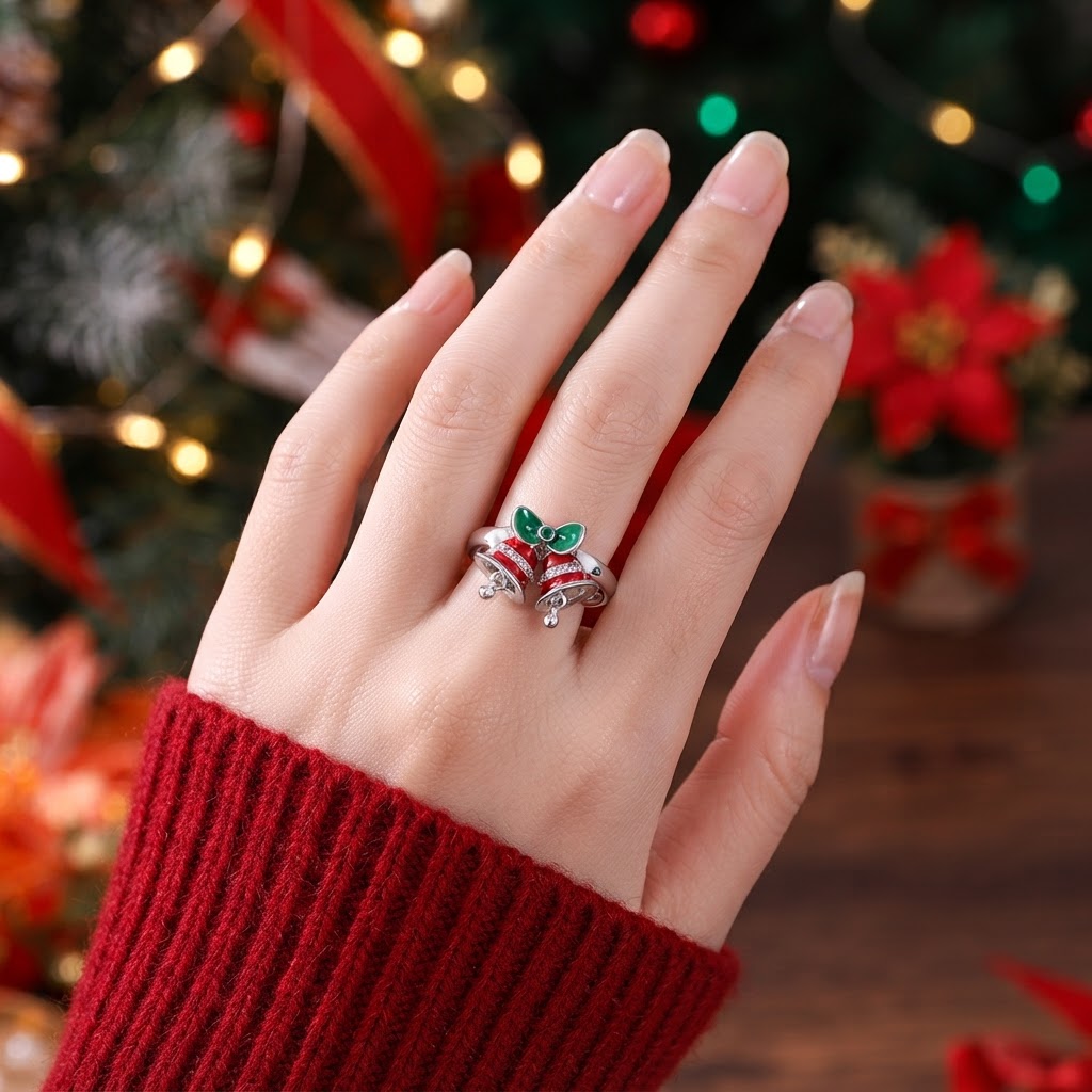 Women's Christmas-Themed Bell Ring, Copper Open Ring